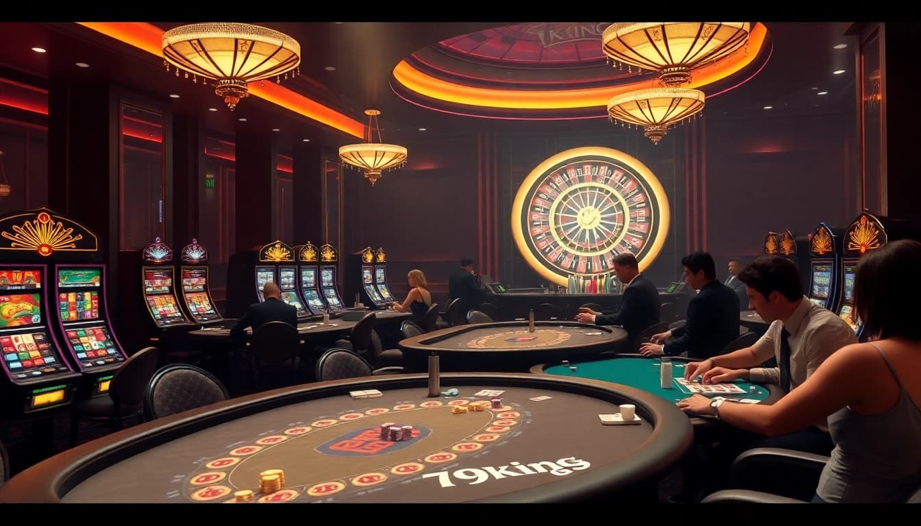 Experience the excitement of 79king's casino, showcasing vibrant slot machines and poker tables.