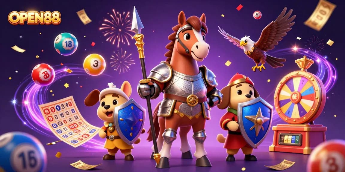 Engage with OPEN88's vibrant casino experience featuring lively lottery elements and animated characters.