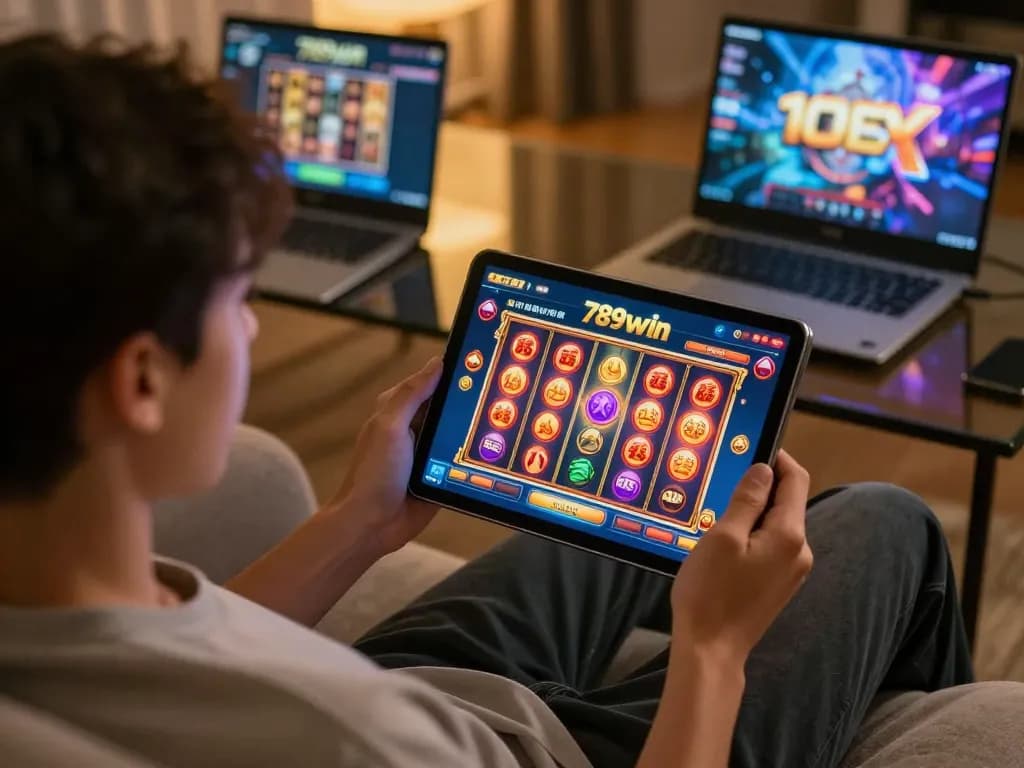 Enjoying thrilling slot games on 789win app with vibrant graphics on a cozy evening.
