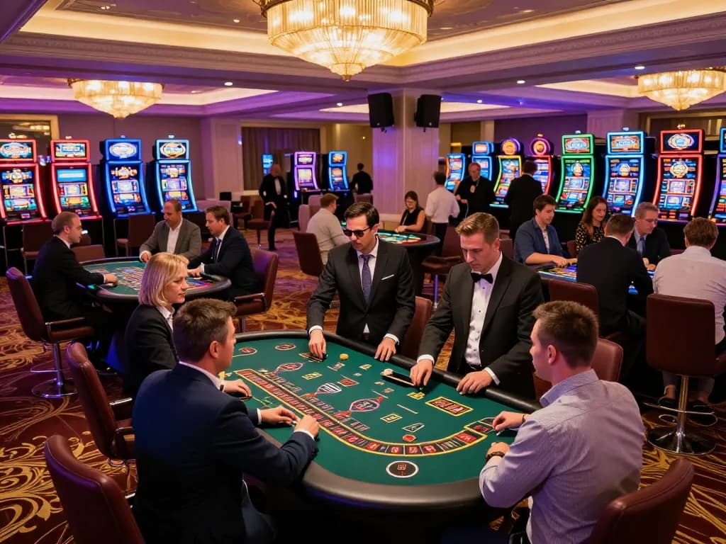 Players enjoying a thrilling game at HM88 Casino, surrounded by vibrant slot machines and elegant decor