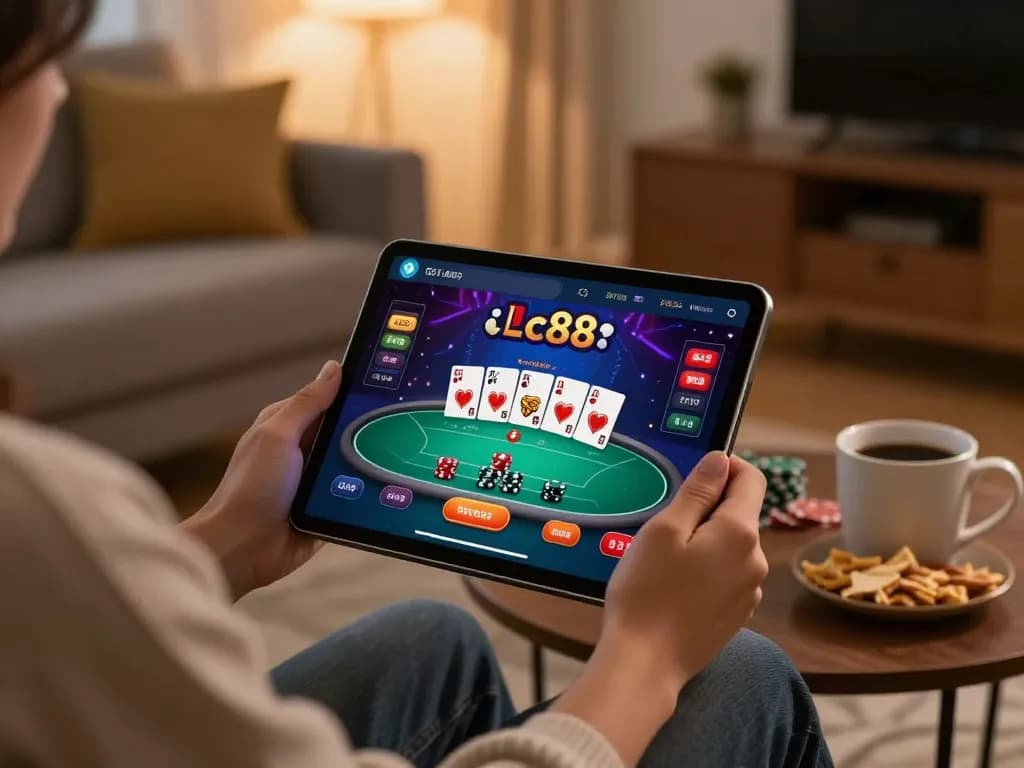Player enjoying Lc88 trang chủ on a tablet in a cozy home environment.