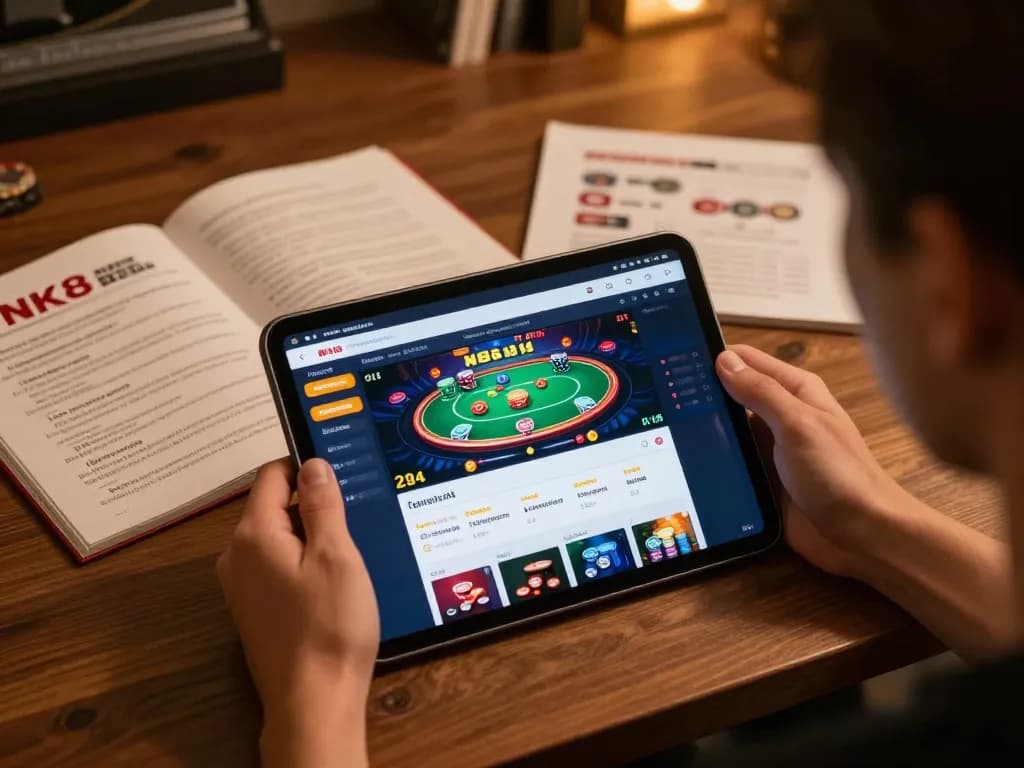 Engaging scene of a user exploring nk88 bet platform on a tablet, highlighting strategic gambling experience