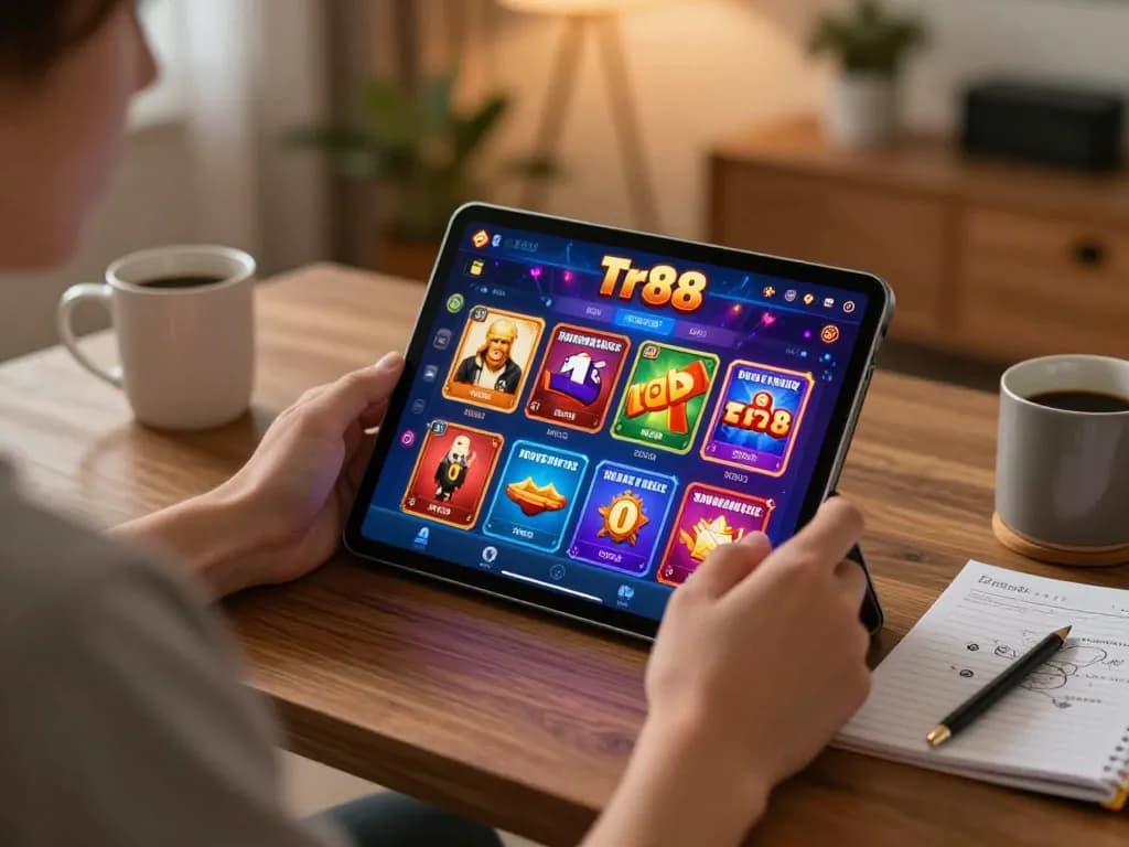 Engaged player enjoying tr88 game on tablet in cozy home gaming setup with warm lighting.