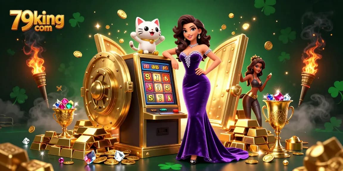 Play slots and win with excitement at 79king com, featuring a jackpot scene with coins erupting and fortune cat mascot.