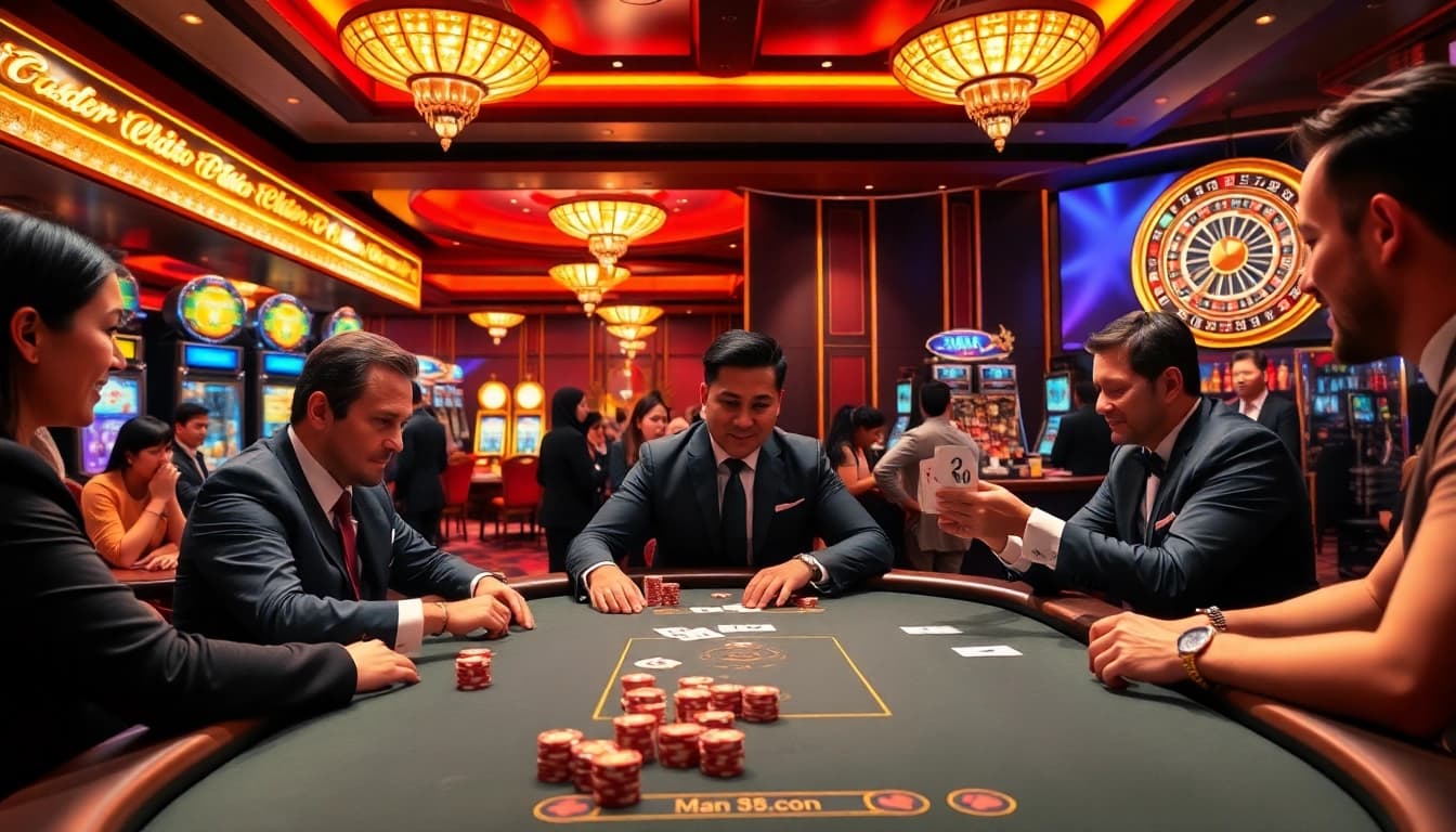 Exciting poker game at Man 88 online casino with vibrant chips and cards.