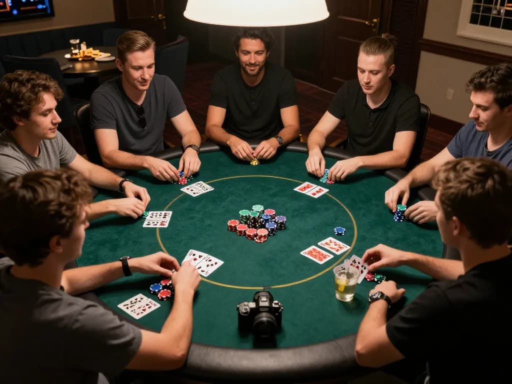 F8BET players engaging in a friendly poker game at home with chips and cards visible.