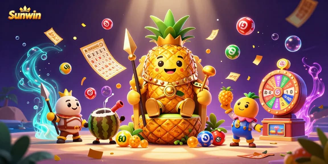 Engage in thrilling gameplay at Sunwin, featuring a cartoon golden pineapple king amidst vibrant lottery and casino elements.