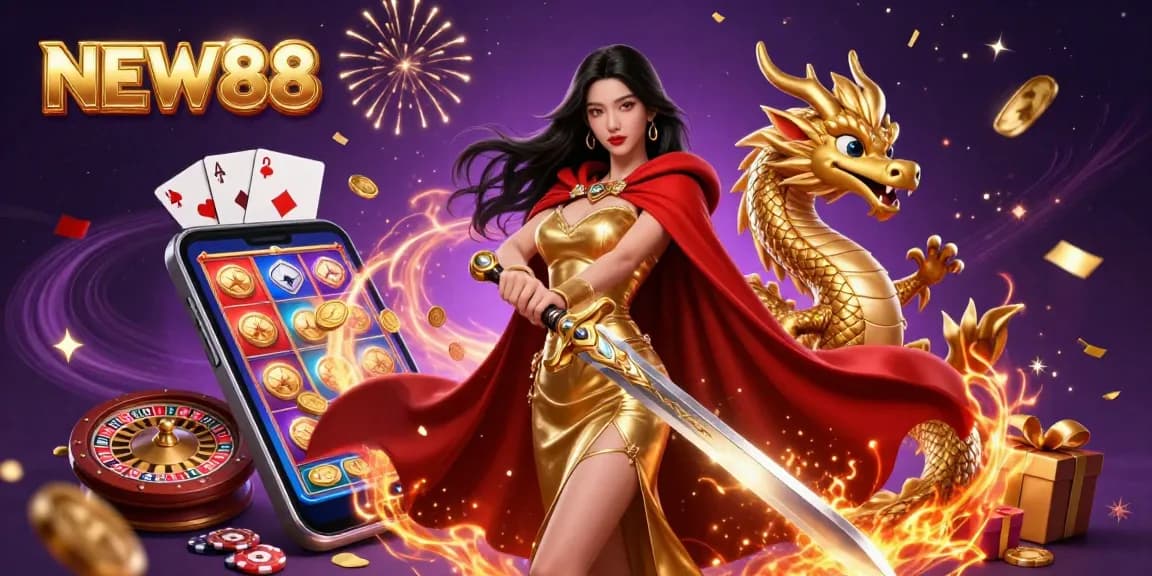Join the thrill at NEW88 with a stunning warrior queen and golden dragon amid colorful gambling elements.