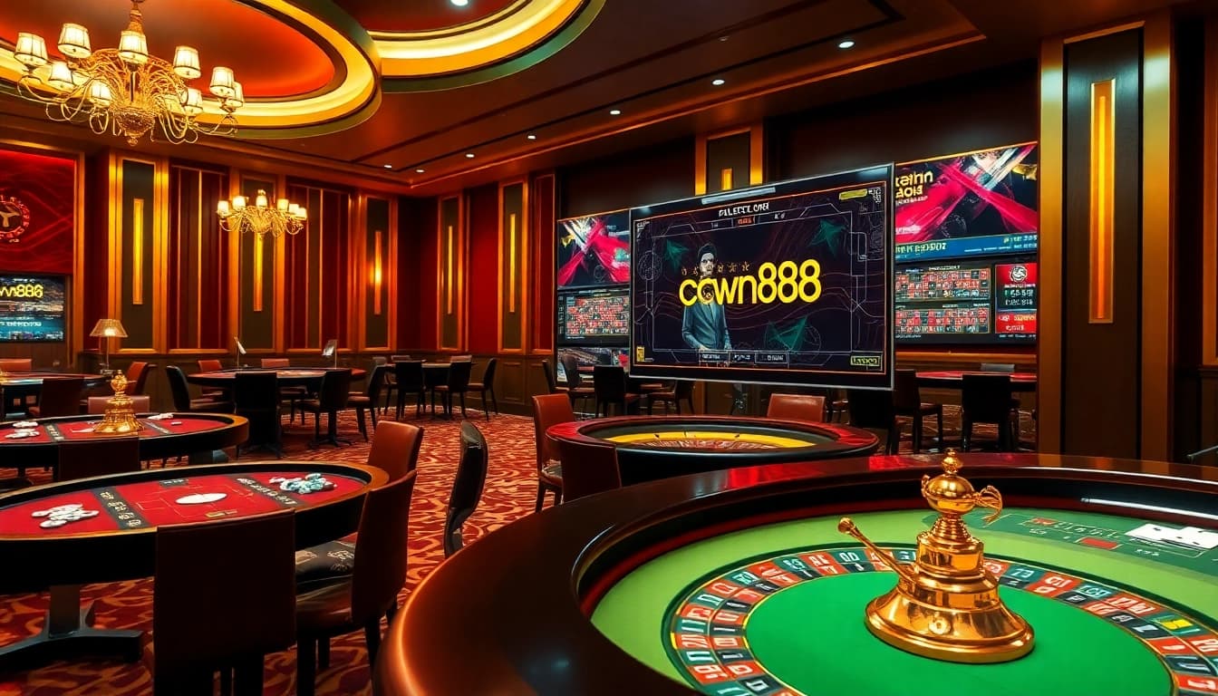Crown88 online casino gaming scene with vibrant tables, poker chips, and a luxurious ambiance.
