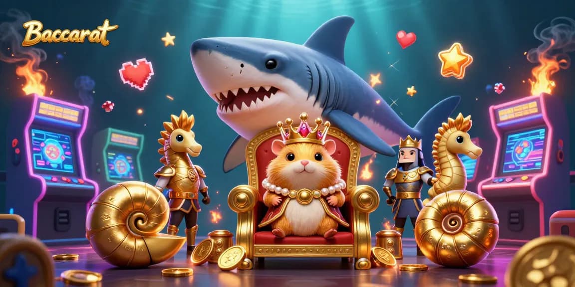 Baccarat gaming scene featuring a golden hamster king with royal guards set against vibrant arcade elements.