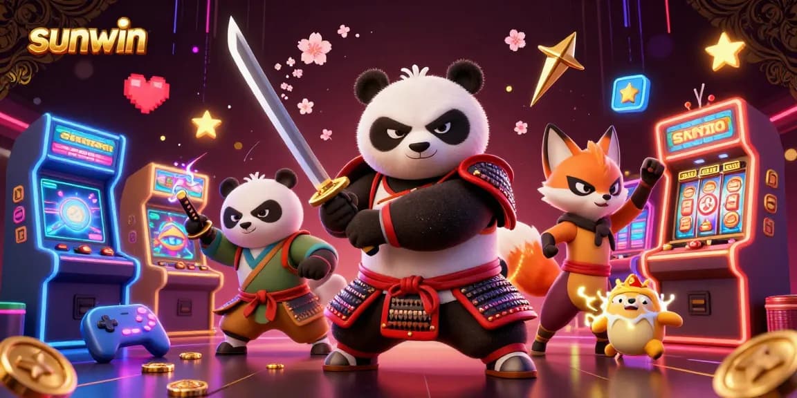 Experience sunwin casino excitement featuring samurai, ninja, and tanuki amidst dynamic gaming elements.