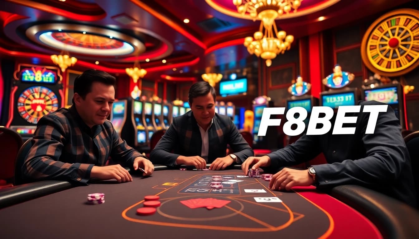 Join the thrilling action at F8BET, where players strategize at a vibrant poker table with colorful chips and glowing screens.