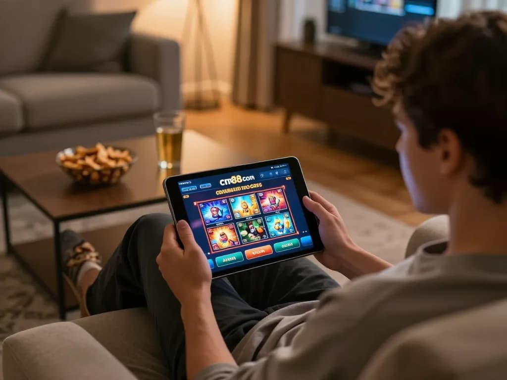Engaging player accessing cm88 com online casino’s tablet interface at home.
