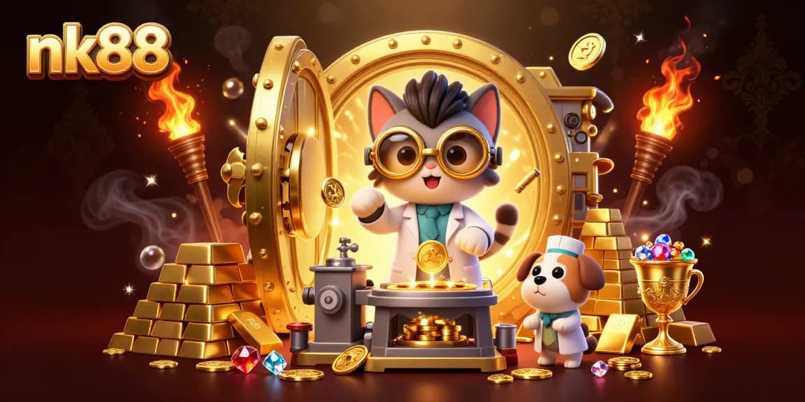 Engage with nk88's dynamic gaming experience amidst gold bars and treasures in a vibrant setting.