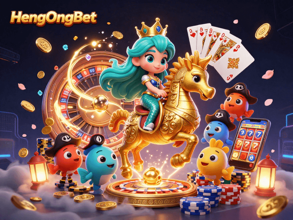 Win big with HengOngBet featuring a colorful 3D casino scene with dynamic game elements.
