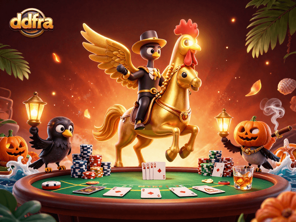 ddfra engages players with a vibrant casino scene featuring a golden rooster on a spectral horse.