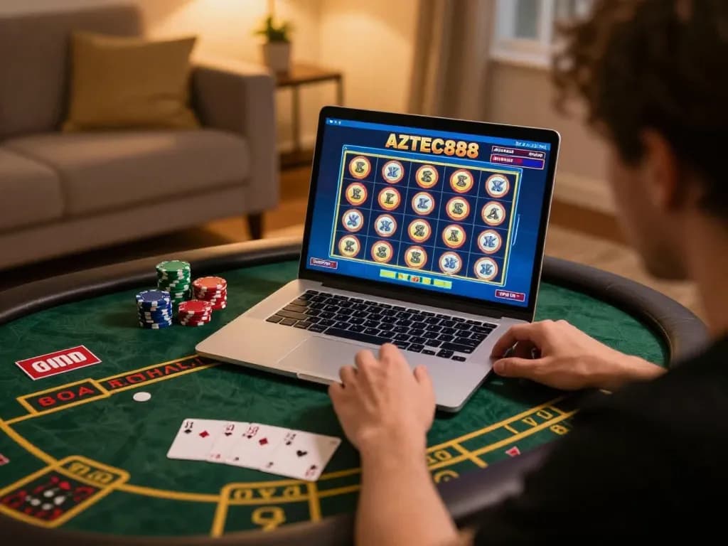 Engaged player using AZTEC888's online slot interface for strategic gambling.