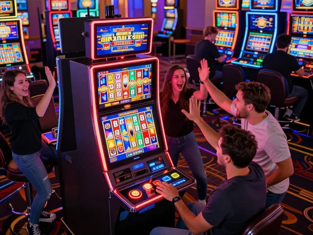 Fun88 players celebrating wins at a lively slot machine, showcasing vibrant casino energy.