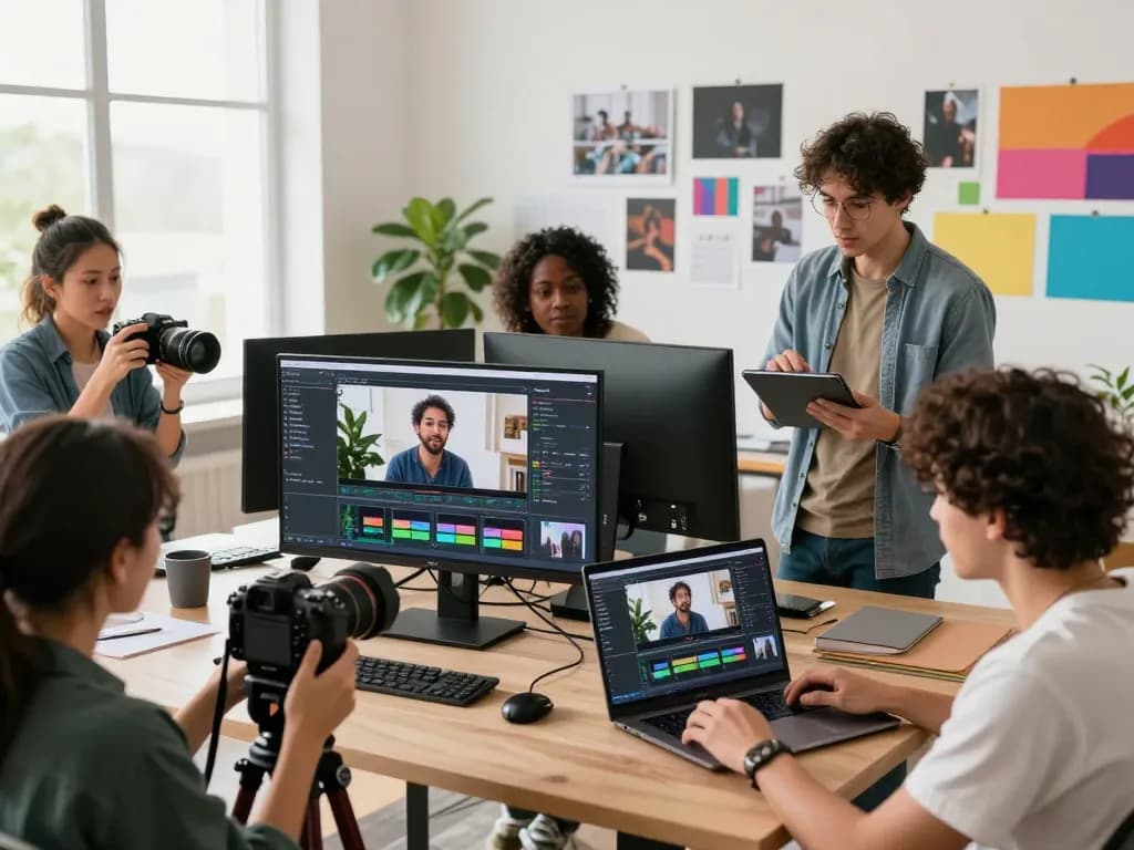 Seedance 2.0 showcased in a creative studio, diverse content creators collaborating on AI video projects.