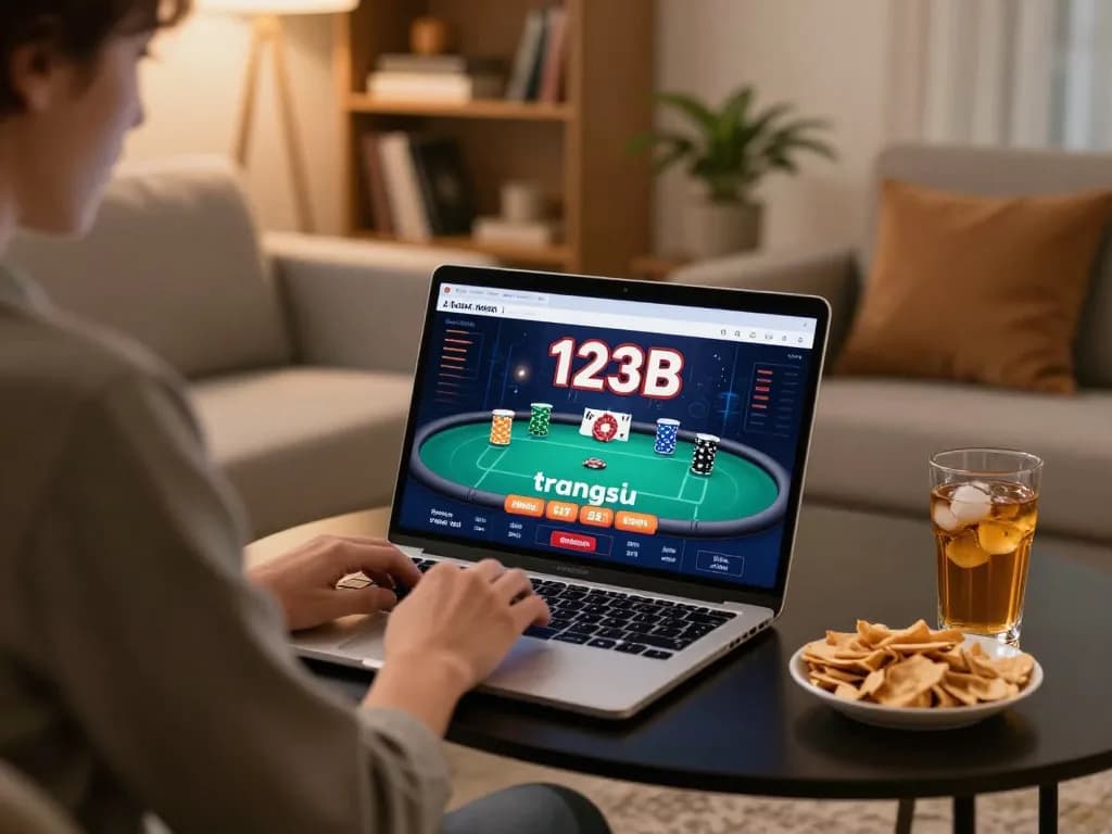 Engaging online gaming scene showcasing 123B trang chủ with a focused player enjoying poker at home.