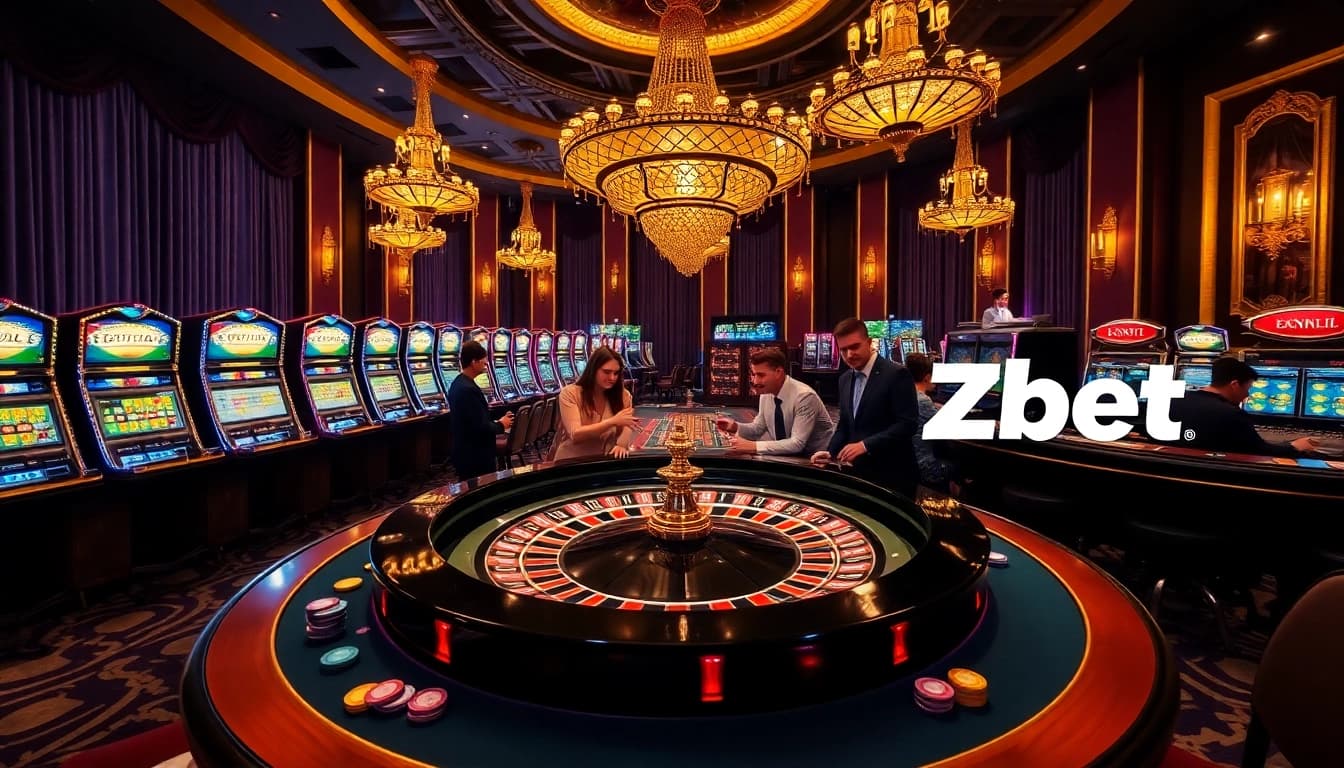 Zbet offers a thrilling casino atmosphere with roulette tables and vibrant slot machines.