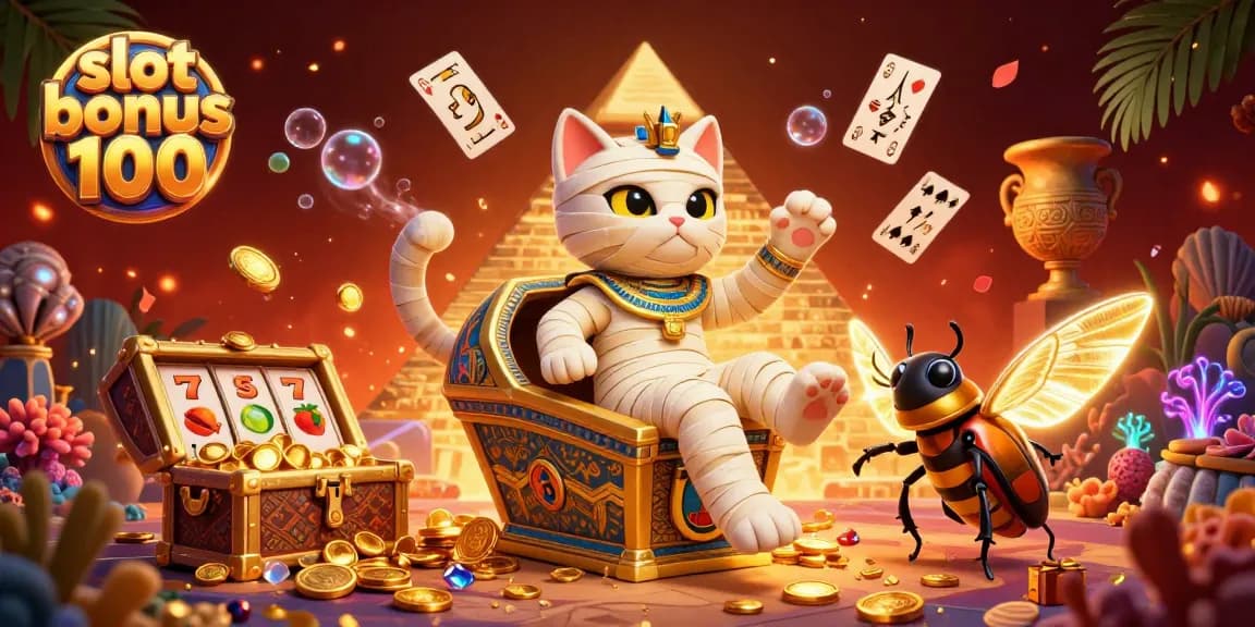 Play thrilling slots with the enticing slot bonus 100, surrounded by vibrant characters and casino elements.