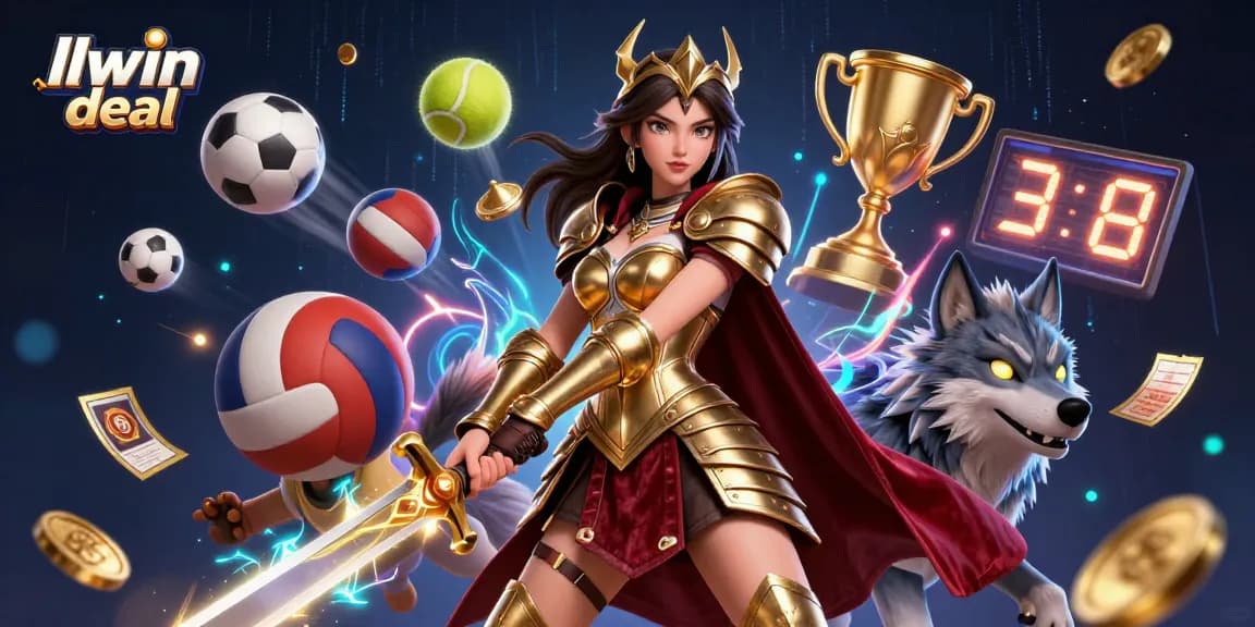Engage with the llwin deal showcasing a warrior queen and wolf amid vibrant casino-themed elements.