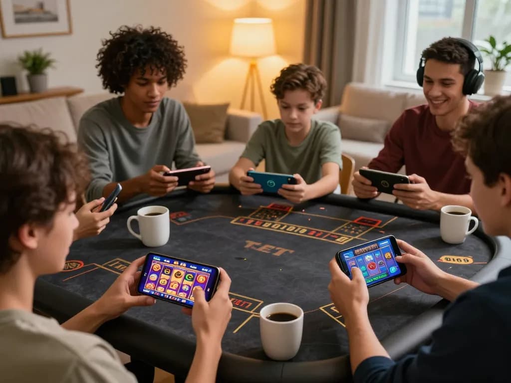 Players enjoying the 8KBET online casino app on smartphones in a cozy home environment.