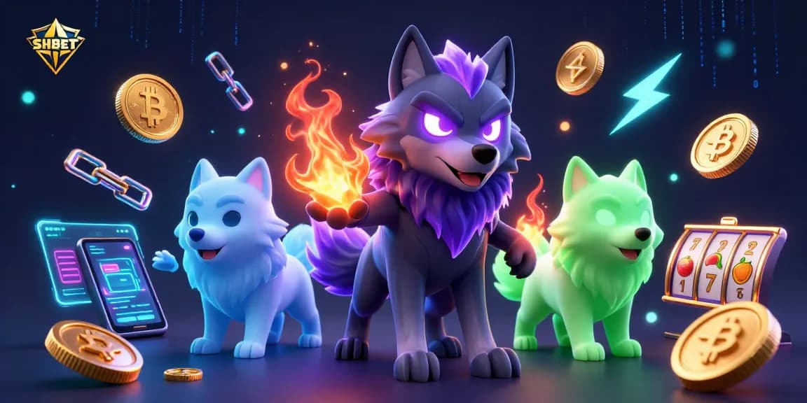 Spin big wins at SHBET with vibrant 3D illustration featuring wolves and crypto coins.