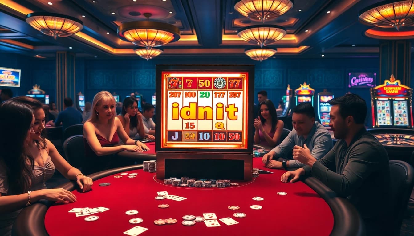 Experience the excitement of idnslot with players enjoying thrilling slot games in an elegant casino setting.