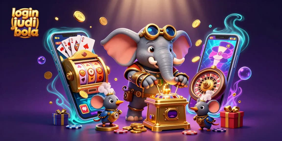 Engage in exciting gameplay with login judi bola as a steampunk elephant operates a dazzling golden slot machine.