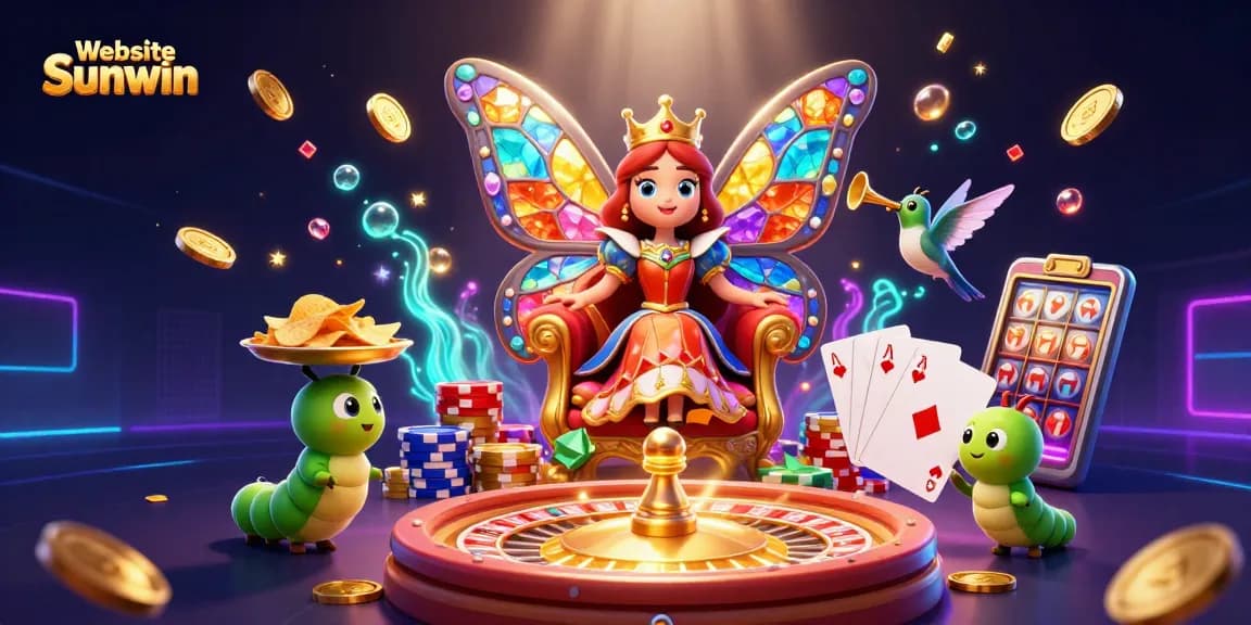 Experience excitement with the Website Sunwin's dynamic casino scene featuring vibrant characters and playful game elements.