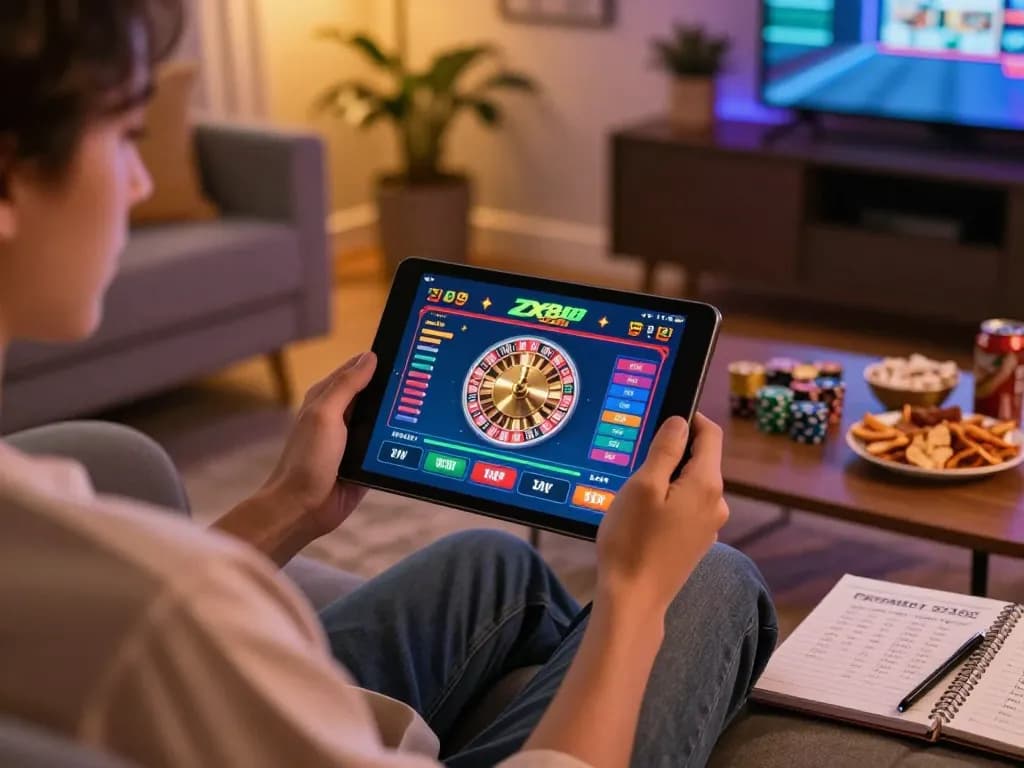 Engaging user playing on zx88 com casino app on tablet, surrounded by a cozy gaming atmosphere.