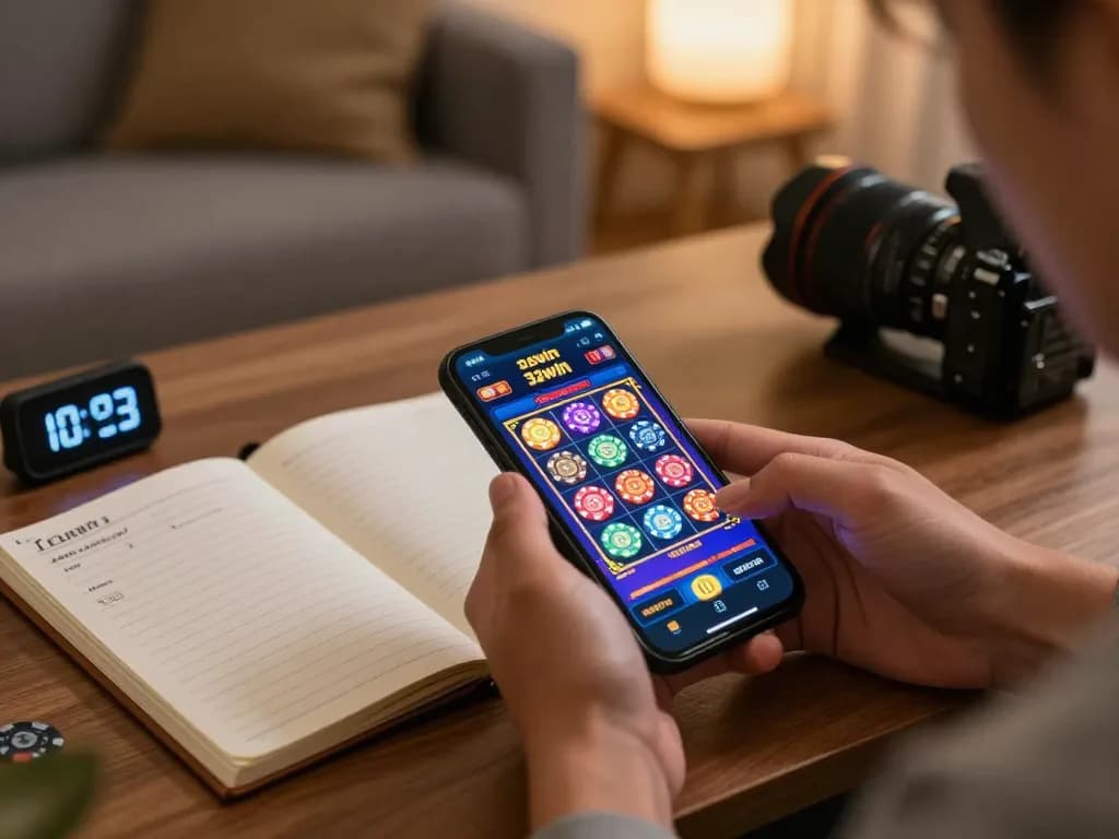 Playing 32win slots on a mobile app, showcasing vibrant gaming graphics in a cozy home setting.