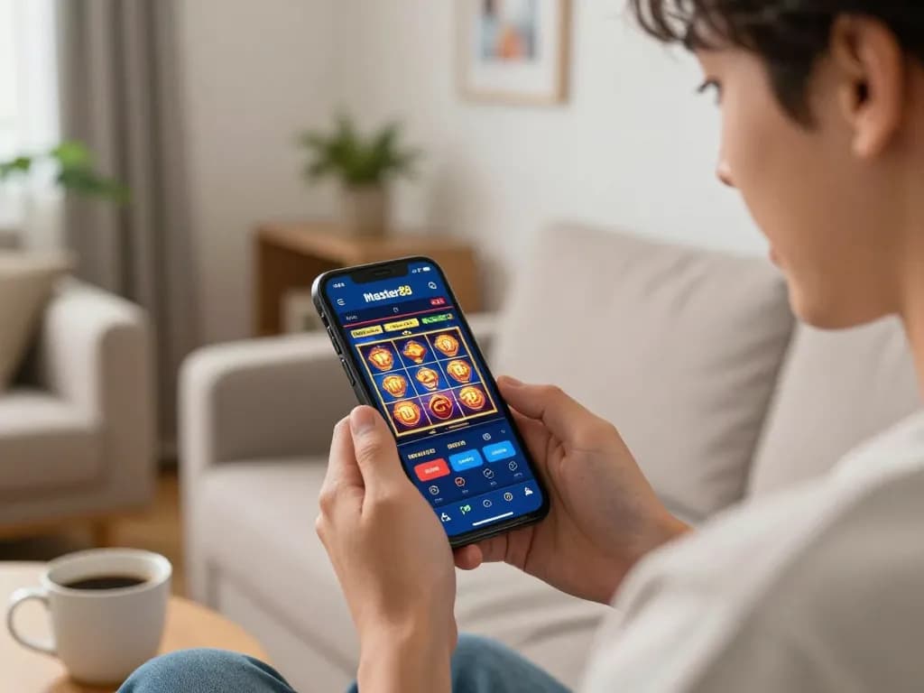 Pemain yang terlibat menjelajahi slot master88 di aplikasi mobile dalam suasana ruang tamu yang nyaman.