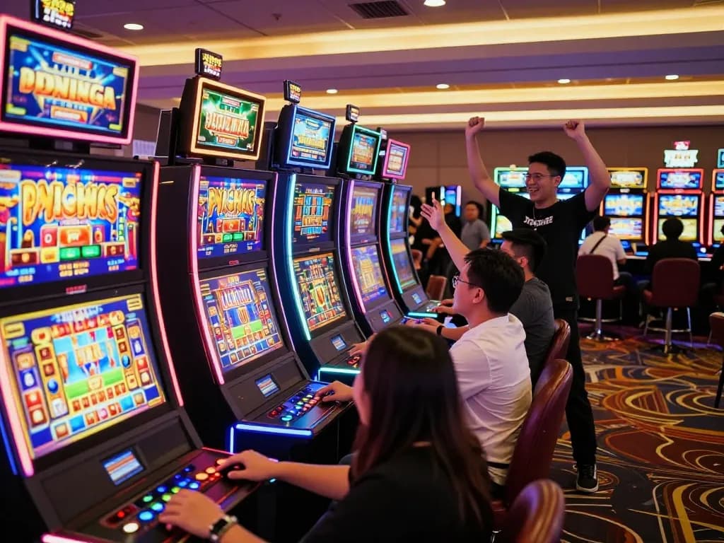 Players enjoying slots at 98wincom casino with vibrant colors and festive atmosphere.