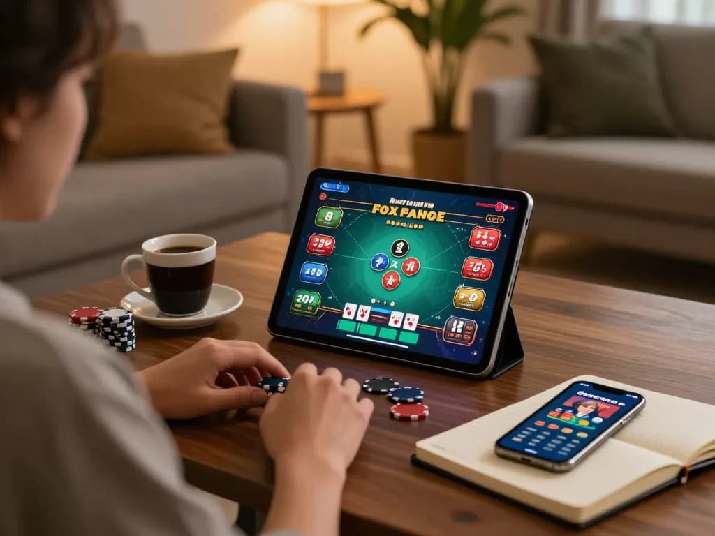 Person playing poker on a tablet in a cozy living room, showcasing the fly88mb online gaming experience.