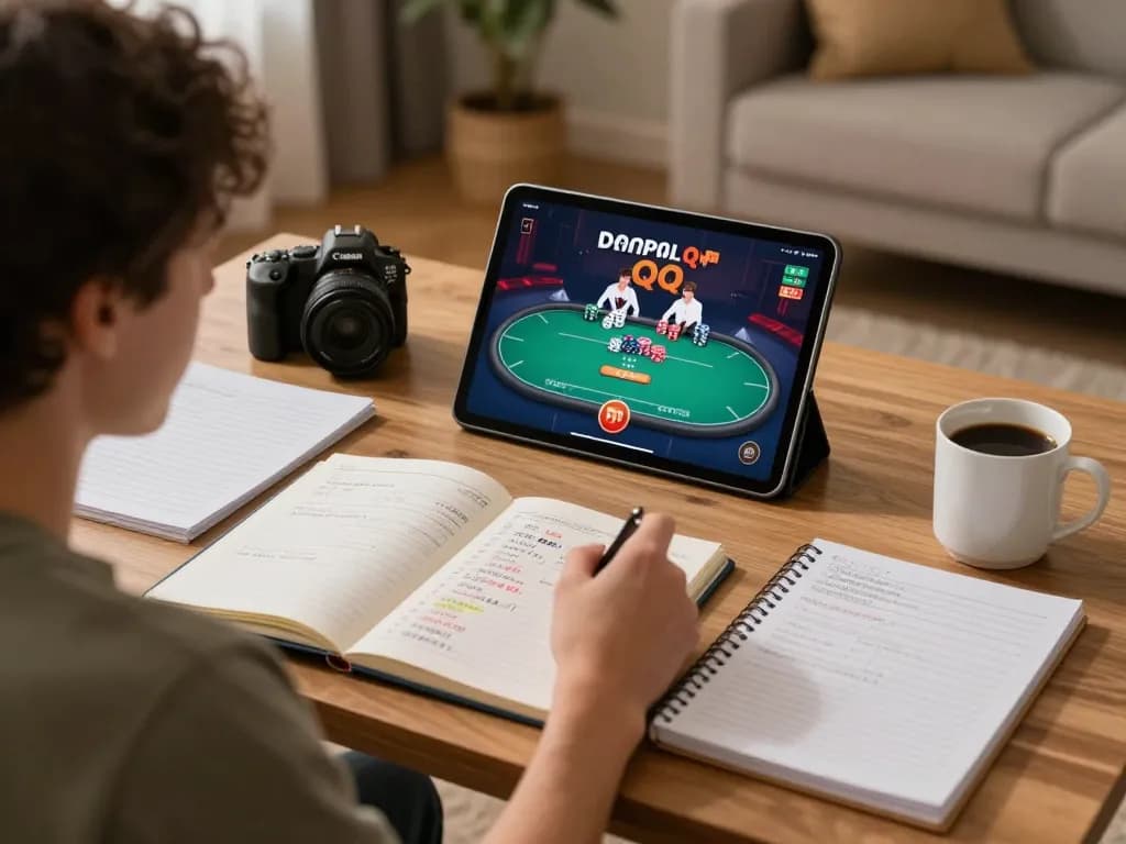 Engaging scene of Poker Online Domino QQ being played on a tablet surrounded by strategy notes.