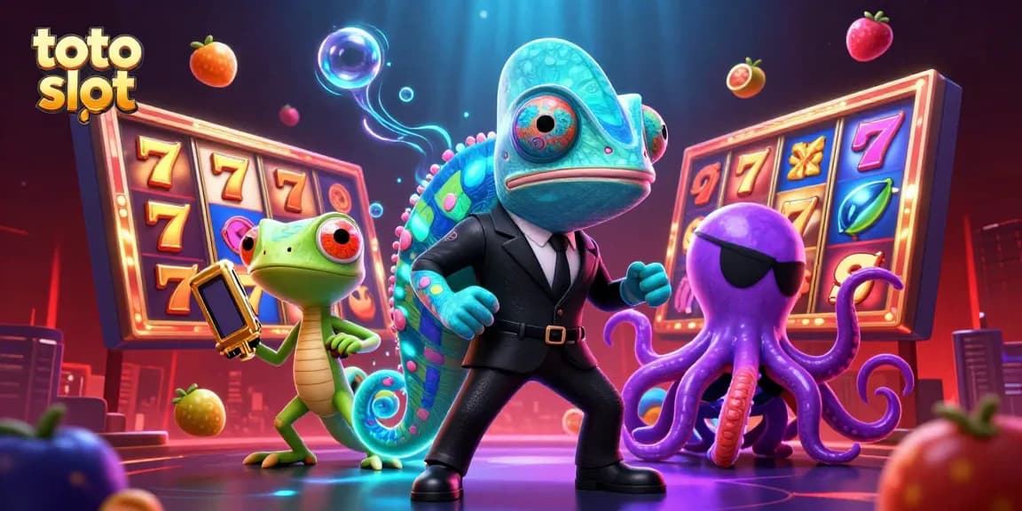 Engage in thrilling toto slot gameplay with colorful symbols and vibrant characters in an immersive 3D casino scene.
