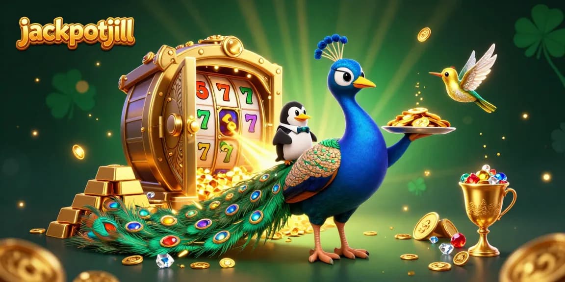 Spin the reels with jackpotjill, featuring vibrant slot symbols and festive characters in a luxurious casino scene.