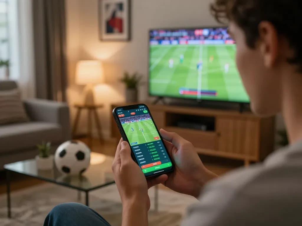 Engaging in kèo bóng đá trực tuyến using mobile app to bet on live matches in a cozy home setting.