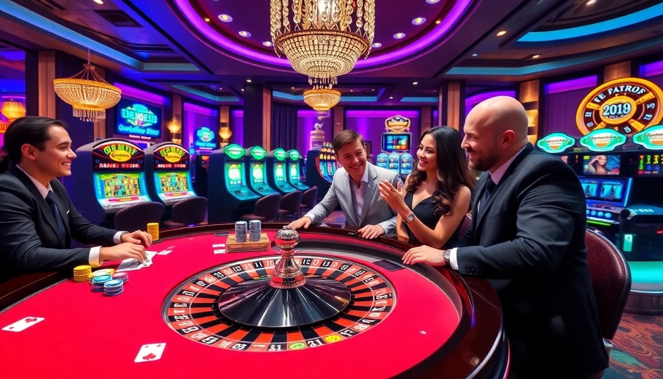 BRO138 players celebrating a winning moment at a luxurious casino table with vibrant colors.