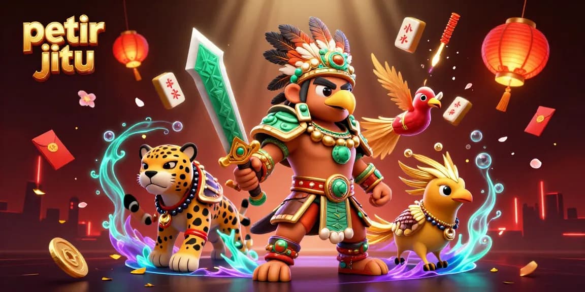 Permainan online di petir jitu dengan karakter Aztec dan elemen kasino yang berkilau.