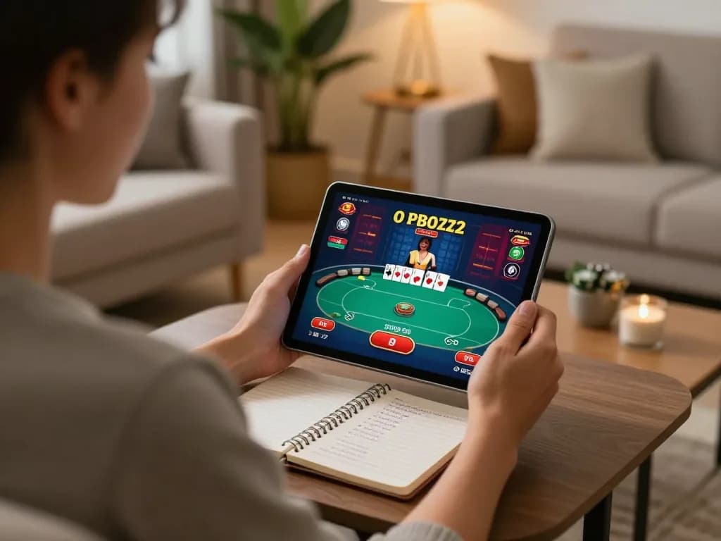 Engaging in online casino gaming at home using a tablet, experiencing link gg88 with exciting poker gameplay.