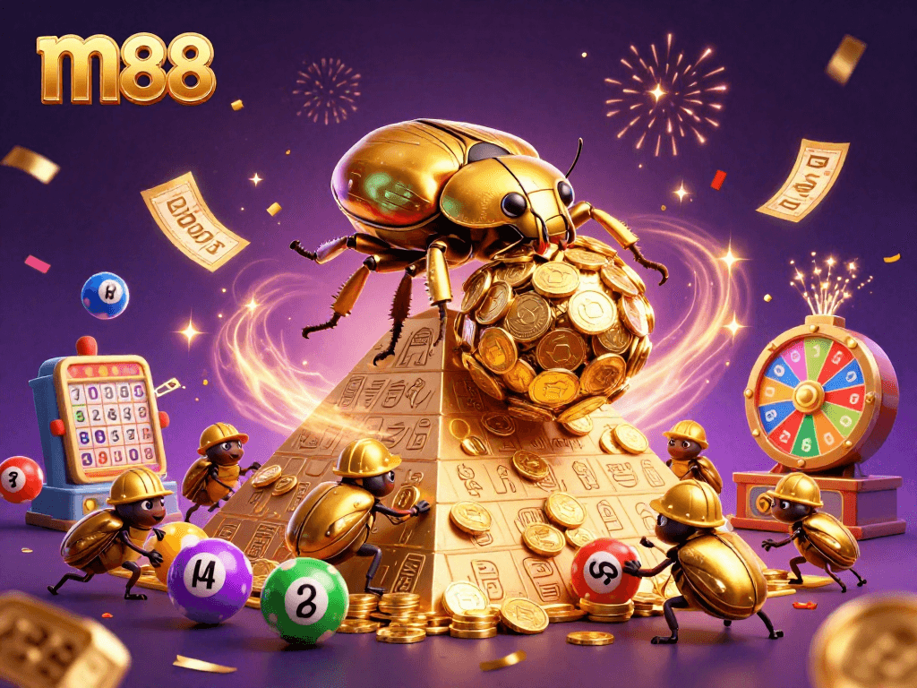 ทำการเล่นเกมส์ด้วย m88 ผ่านภาพ 3D ของด้วงทองคำที่กลิ้งลูกบอลทองคำ