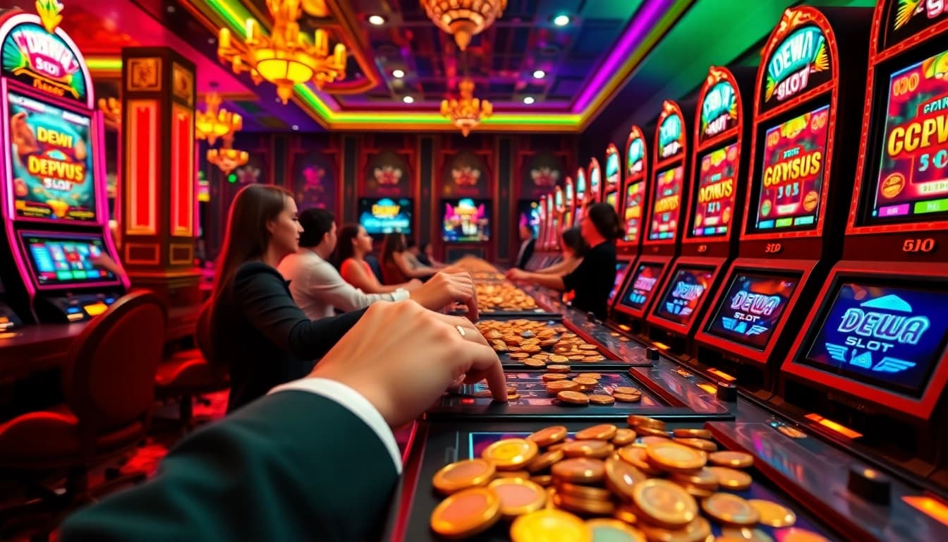Engaged players spinning the reels on Dewa Slot machines in a vibrant casino setting.