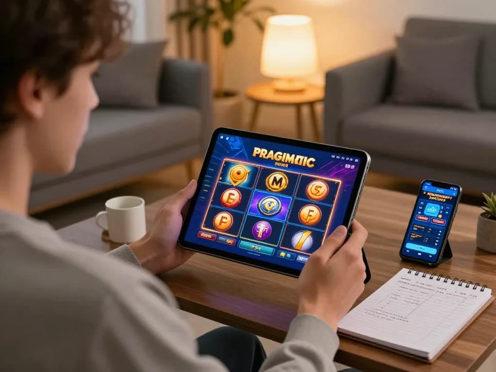 Enjoying Pragmatic Slot gameplay on a tablet while seated comfortably in a cozy living room, focusing on strategy.