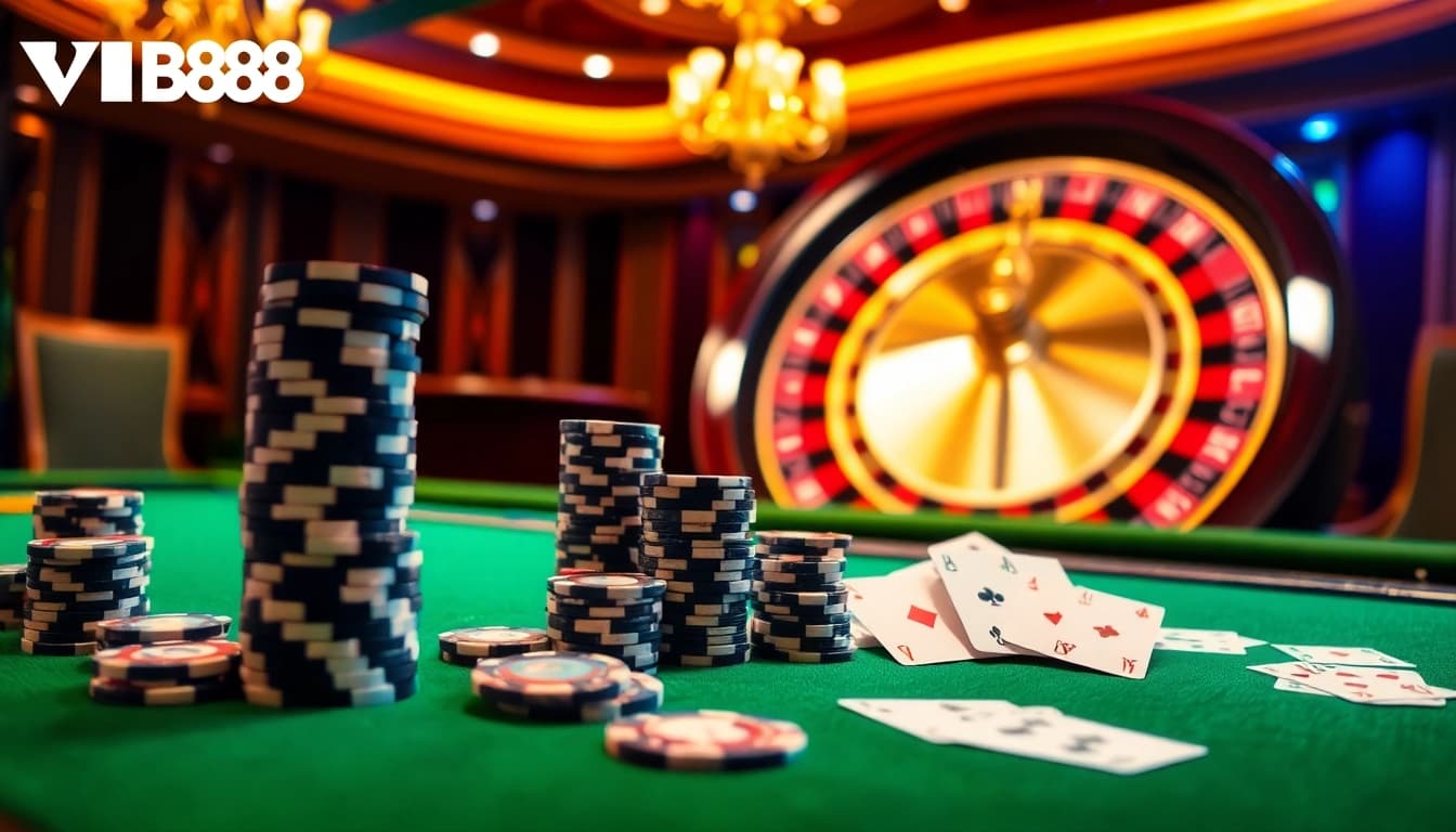 Experience thrilling moments at the casino with VB88 poker chips and cards in action.
