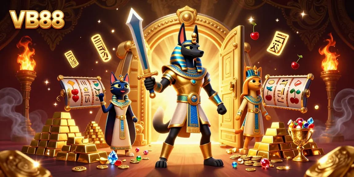 VB88 slots illustration featuring Anubis and Bastet, with gold treasures and jackpot elements.