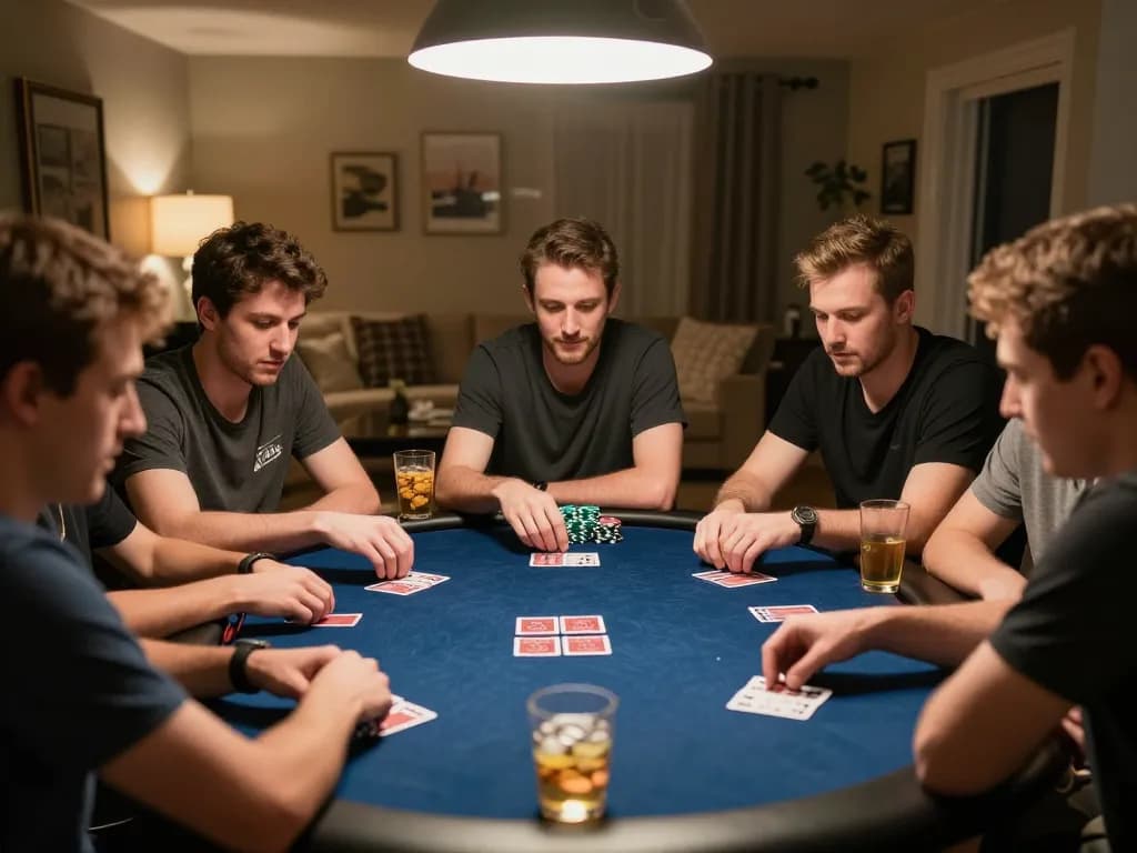 Phtaya players enjoy a thrilling poker night at home with cards and chips visible.
